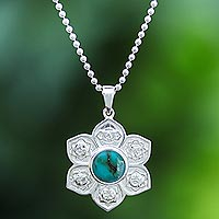 Turquoise pendant necklace, 'Chakra Spirit' - Turquoise and Sterling Silver Floral Necklace