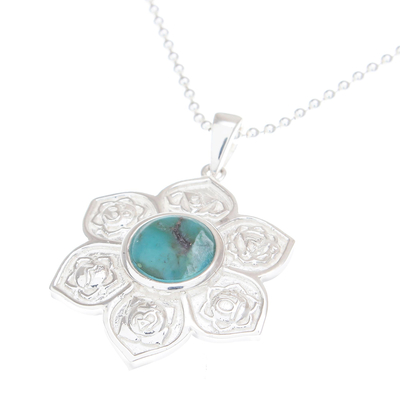 Turquoise pendant necklace, 'Chakra Spirit' - Turquoise and Sterling Silver Floral Necklace