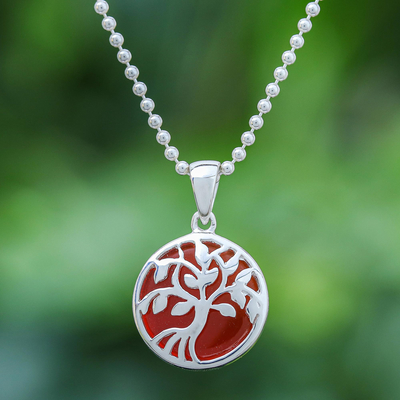 Carnelian pendant necklace, 'Haven in Orange' - Carnelian and Sterling Silver Tree Necklace