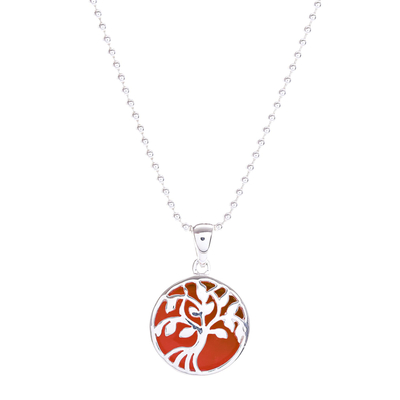 Carnelian pendant necklace, 'Haven in Orange' - Carnelian and Sterling Silver Tree Necklace