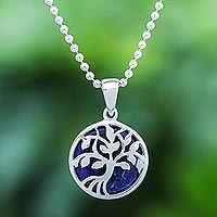 Lapis lazuli pendant necklace, 'Haven in Blue' - Lapis Lazuli and Sterling Silver Tree Necklace