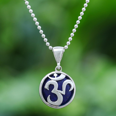 Lapis lazuli pendant necklace, 'The Spirit in Blue' - Lapis Lazuli and Sterling Silver Om Necklace