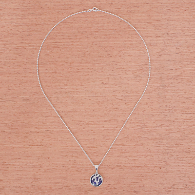 Lapis lazuli pendant necklace, 'The Spirit in Blue' - Lapis Lazuli and Sterling Silver Om Necklace