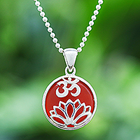 Carnelian pendant necklace, 'Spirit of Om in Orange' - Carnelian and Sterling Silver Om Pendant Necklace