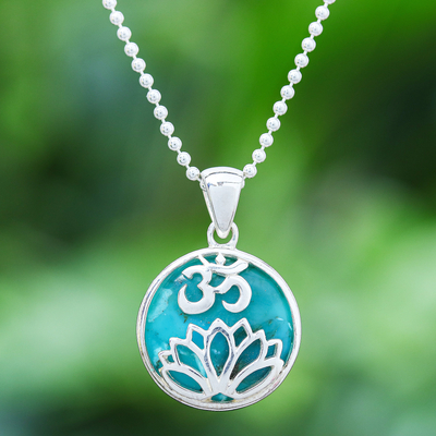 Turquoise pendant necklace, 'Spirit of Om in Turquoise' - Turquoise and Sterling Silver Om Pendant Necklace