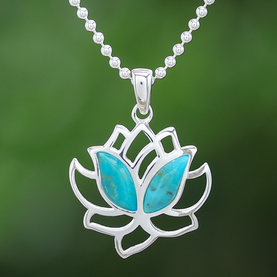 Turquoise pendant necklace, 'Blooming Spirit' - Natural Turquoise and Sterling Silver Lotus Necklace