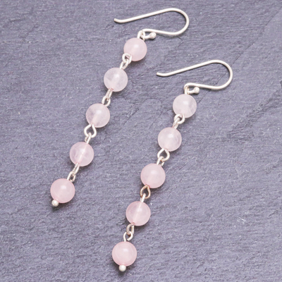 Rose quartz dangle earrings, 'Exploding Star in Pink' - Rose Quartz and Sterling Silver Dangle Earrings