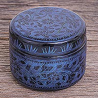 Lacquerware decorative wood box, 'Nostalgic Memory in Blue' - Blue Lacquerware Mango Wood Box