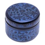 Lacquerware decorative wood box, 'Nostalgic Memory in Blue' - Blue Lacquerware Mango Wood Box