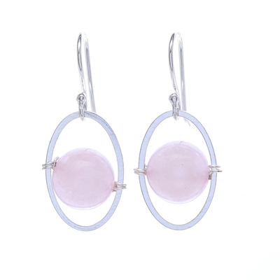 Rose quartz dangle earrings, 'Pink Orbit' - Rose Quartz and Sterling Silver Dangle Earrings