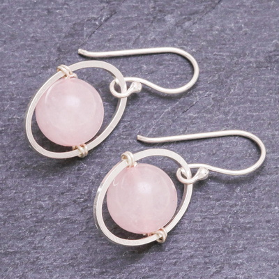 Rose quartz dangle earrings, 'Pink Orbit' - Rose Quartz and Sterling Silver Dangle Earrings