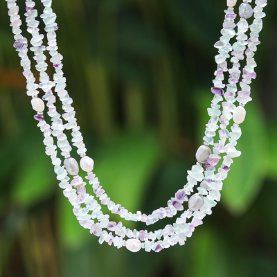 Perlenkette mit mehreren Edelsteinen - Halskette aus Fluorit und Zuchtperlen