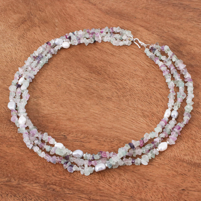 Multi-gemstone beaded necklace, 'Mellow Out' - Fluorite and Cultured Pearl Beaded Necklace