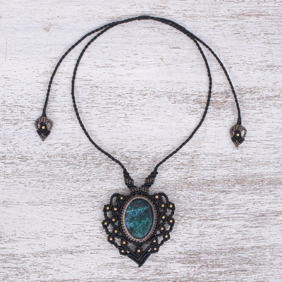 Macrame chrysocolla pendant necklace, 'Pilgrimage' - Macrame Chrysocolla and Brass Statement Necklace
