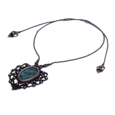 Macrame chrysocolla pendant necklace, 'Pilgrimage' - Macrame Chrysocolla and Brass Statement Necklace