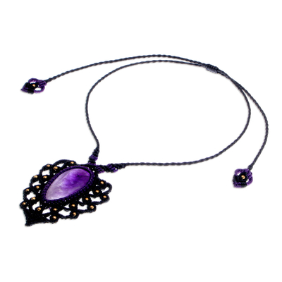 Macrame amethyst pendant necklace, 'Nature Dream' - Macrame Amethyst and Brass Statement Necklace