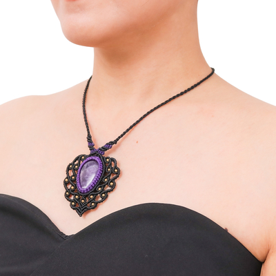 Macrame amethyst pendant necklace, 'Nature Dream' - Macrame Amethyst and Brass Statement Necklace