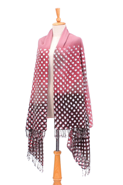 Batik cotton blend shawl, 'Dusty Rose Dots' - Fringed Batik Cotton and Rayon Blended Shawl