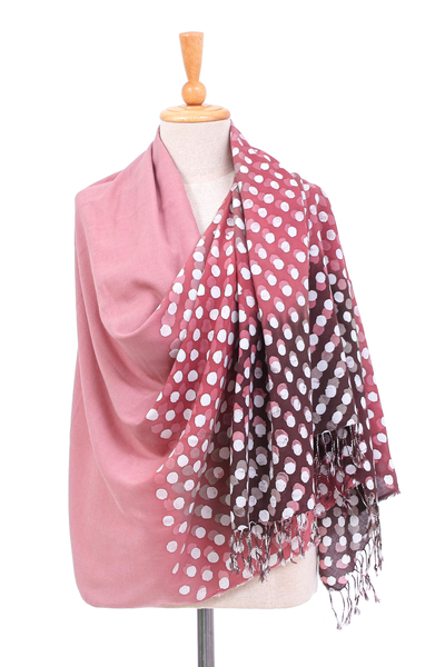 Batik cotton blend shawl, 'Dusty Rose Dots' - Fringed Batik Cotton and Rayon Blended Shawl