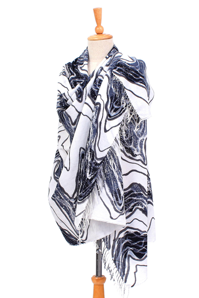 Batik cotton blend shawl, 'White River' - Batik Printed Cotton and Rayon Shawl