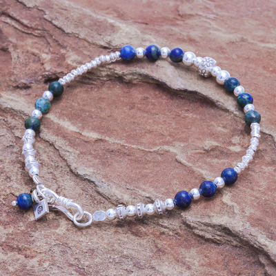 Azure-malachite beaded bracelet, 'Brighter Day in Blue' - Azure-Malachite and Sterling Silver Beaded Bracelet