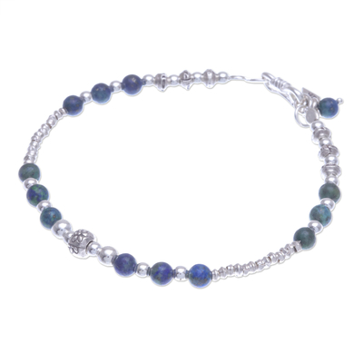Azure-malachite beaded bracelet, 'Brighter Day in Blue' - Azure-Malachite and Sterling Silver Beaded Bracelet