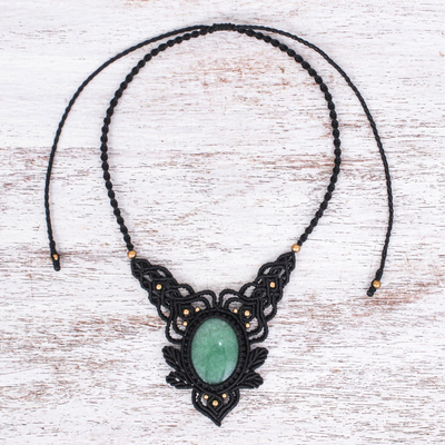 Macrame aventurine pendant necklace, 'Wild Dream in Green' - Macrame Aventurine and Brass Statement Necklace