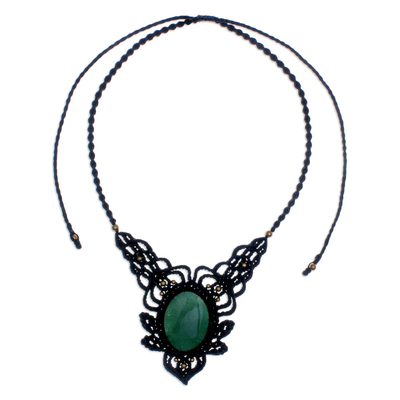 Macrame aventurine pendant necklace, 'Wild Dream in Green' - Macrame Aventurine and Brass Statement Necklace