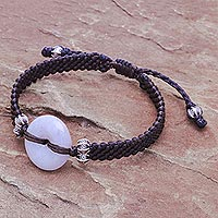 Macrame jade pendant bracelet, 'Pale Ring' - Jade and Silver Macrame Pendant Bracelet