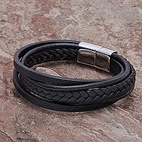 Leather wristband bracelet, 'Daily Cool in Black' - Hand Crafted Black Leather Wristband Bracelet