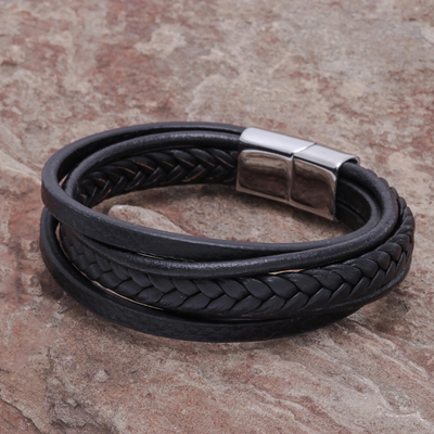 Lederarmband, 'Daily Cool in Black' - Handgefertigtes schwarzes Leder-Armband-Armband