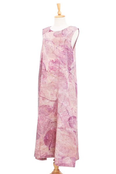 Hand-printed cotton sundress, 'Purple Teak' - Thai Ouke Print Cotton Sleeveless Dress