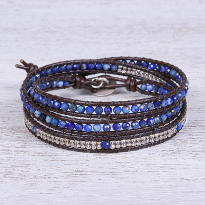 Lapis lazuli wrap bracelet, 'Planet Pluto' - Karen Silver and Lapis Lazuli Leather Wrap Bracelet