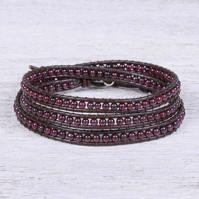 Garnet wrap bracelet, 'Happy Days in Dark Brown' - Hand Crafted Leather and Garnet Wrap Bracelet