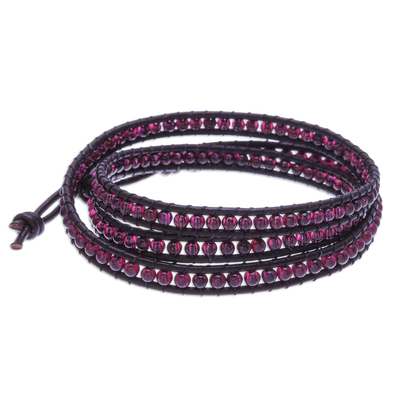 Garnet wrap bracelet, 'Happy Days in Dark Brown' - Hand Crafted Leather and Garnet Wrap Bracelet