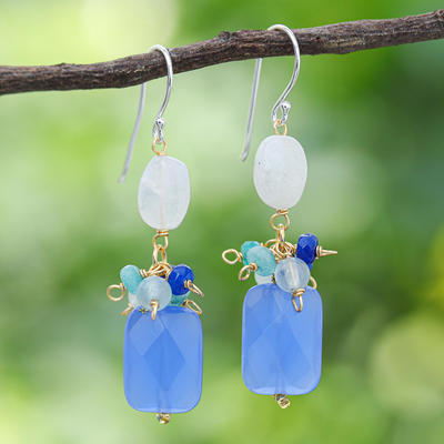 Quartz beaded dangle earrings, 'Blueberry Soda' - Sterling Silver and Quartz Dangle Earrings