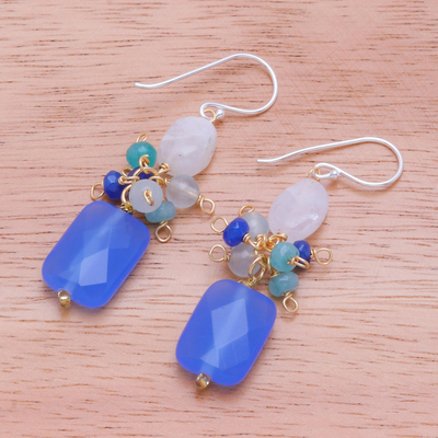 Quartz beaded dangle earrings, 'Blueberry Soda' - Sterling Silver and Quartz Dangle Earrings