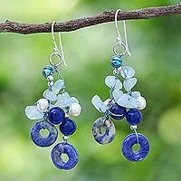 Multi-gemstone dangle earrings, 'Cool Dream' - Aquamarine and Freshwater Pearl Dangle Earrings