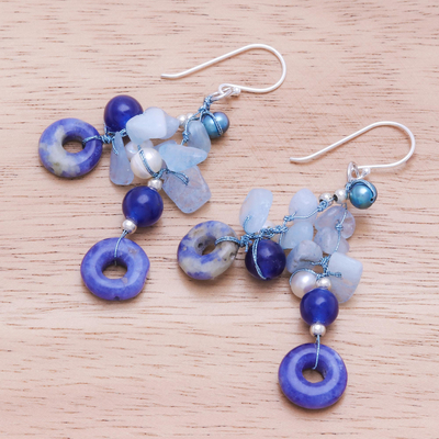 Multi-gemstone dangle earrings, 'Cool Dream' - Aquamarine and Freshwater Pearl Dangle Earrings