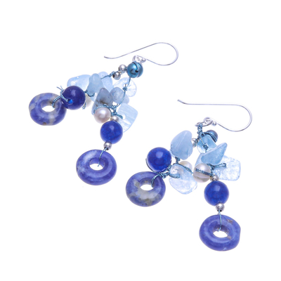 Multi-gemstone dangle earrings, 'Cool Dream' - Aquamarine and Freshwater Pearl Dangle Earrings