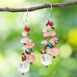 Multi-gemstone dangle earrings, 'Translucent Rose' - Rose Quartz and Cultured Pearl Dangle Earrings