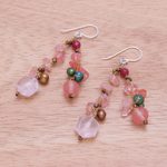 Multi-gemstone dangle earrings, 'Translucent Rose' - Rose Quartz and Cultured Pearl Dangle Earrings