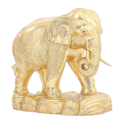 Handmade Gold Foil and Raintree Wood Elephant Sculpture