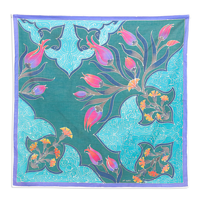 Batik cotton tablecloth, 'Caribbean Blue' - Batik Cotton Tablecloth with Floral Motif