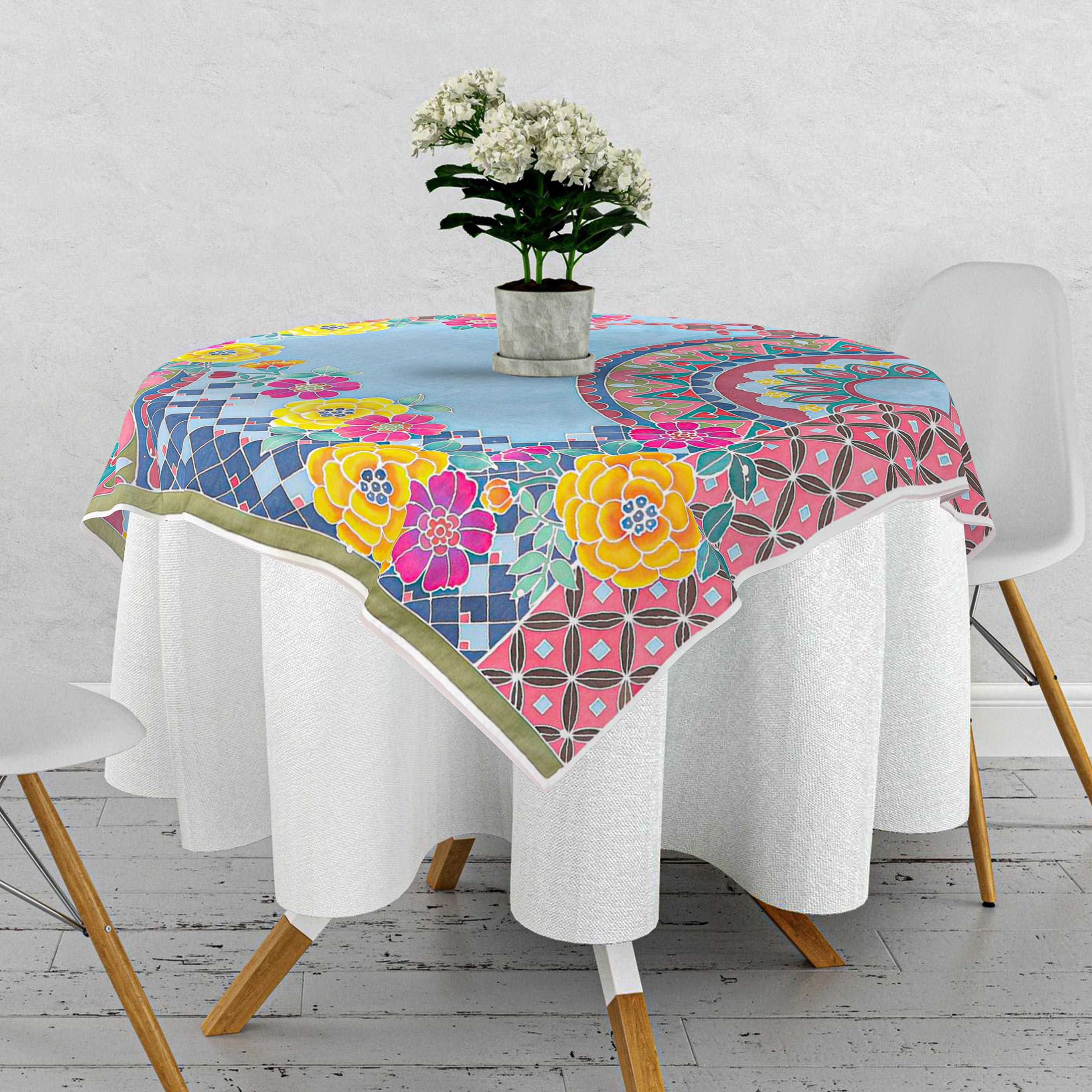 Indian Print Square Cotton tablecloth 60" x 60" Cerulean Blue 