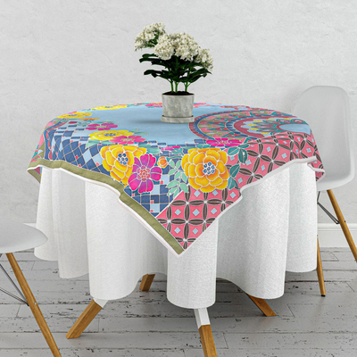 Batik cotton tablecloth, 'Bright Meal' - Hand-Stitched Batik Cotton Tablecloth