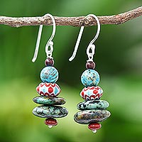 Jasper dangle earrings, 'Speckled Egg' - Jasper and Glass Bead Dangle Earrings