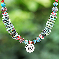 Macrame jasper pendant necklace, 'Speckled Spiral' - Handmade Silver and Jasper Pendant Necklace