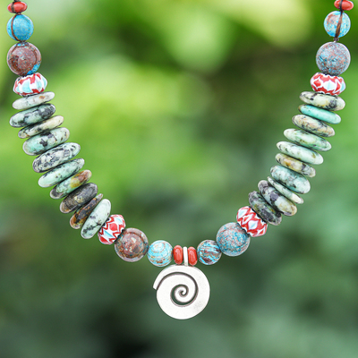 Macrame jasper pendant necklace, 'Speckled Spiral' - Handmade Silver and Jasper Pendant Necklace