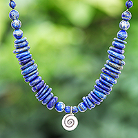 Lapis lazuli pendant necklace, 'Royal Spiral' - Silver and Lapis Lazuli Beaded Pendant Necklace